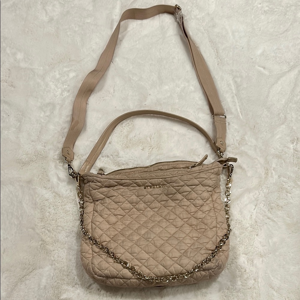 MZ Wallace Crosby Hobo Crossbody Bag in Beige with Gold Chain - 3 straps
